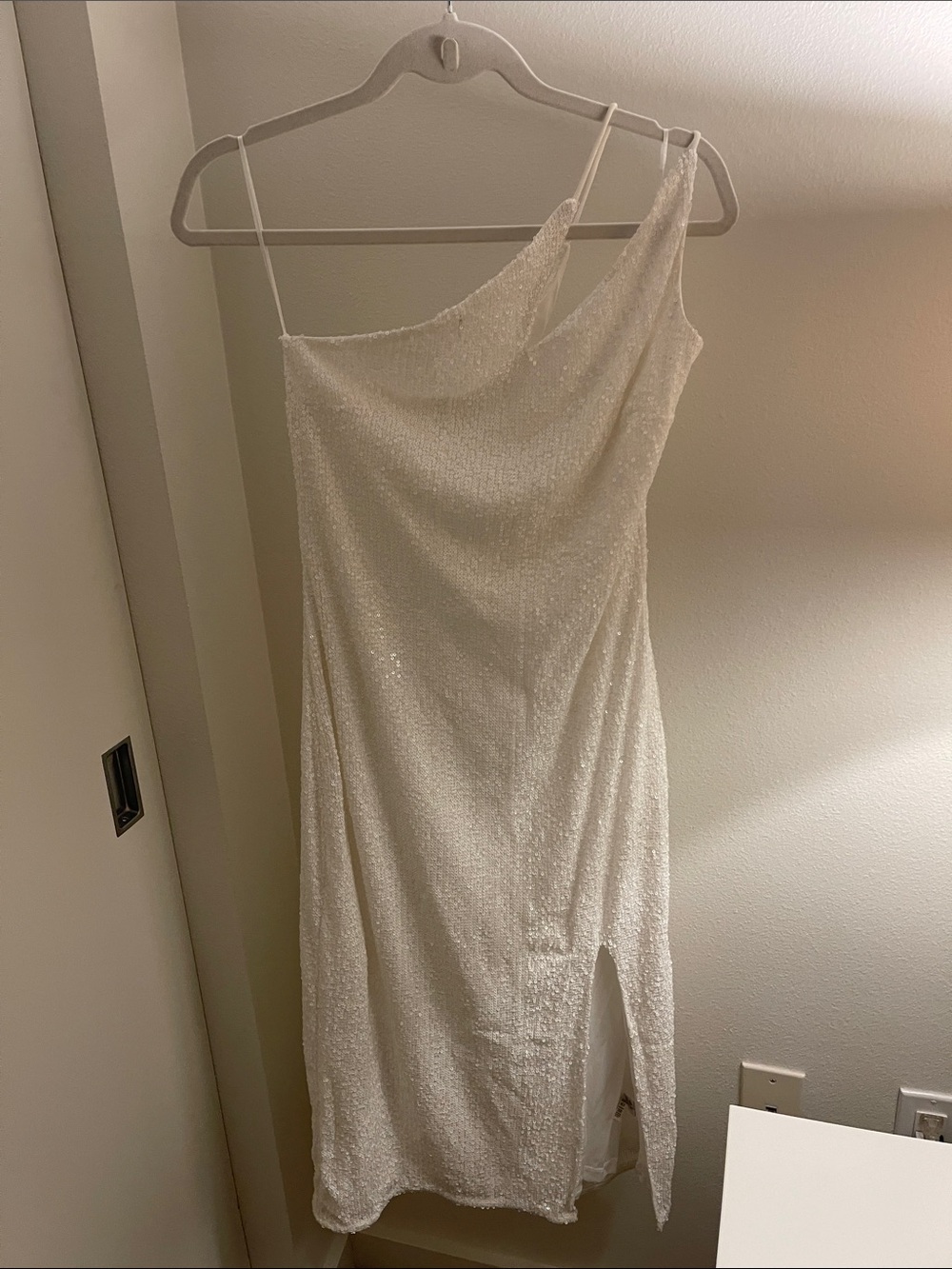 River Island White One-Shoulder Sequin Midi Dress